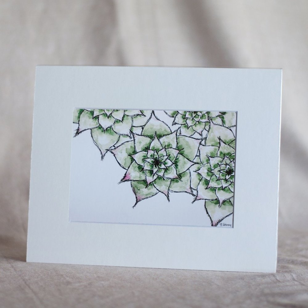 "Hens & Chicks" 5x7 Watercolour Print With Mat